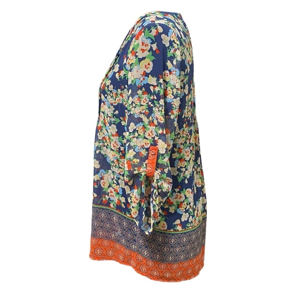 Daniel Rainn Floral Boho Peasant Blouse Roll Tab Sleeve Sheer Top Small - Picture 2 of 7